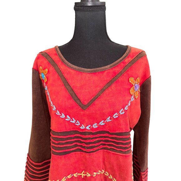 Boho Rising International Red Brown Embroider Tunic Top Floral Hippie Artsy Boho - Picture 5 of 9